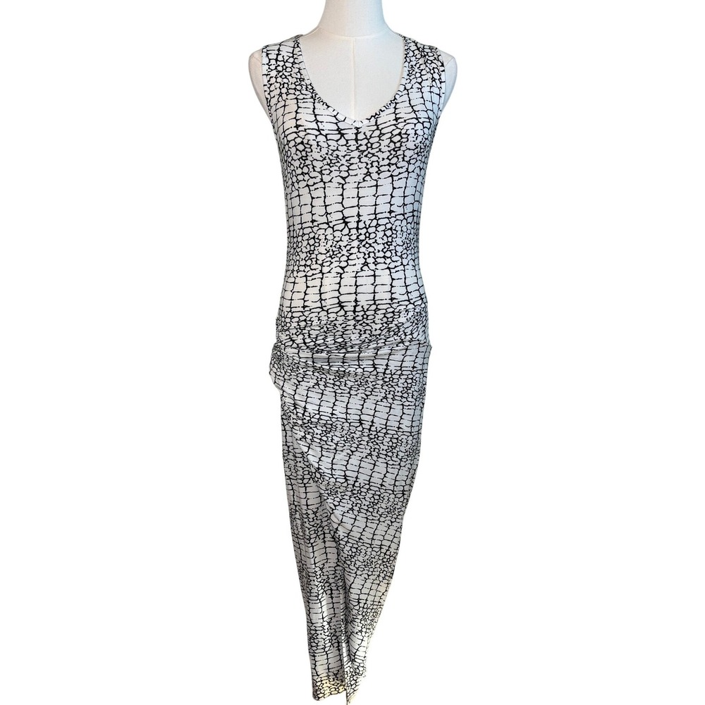 Liquorish Womens Black White Crackle Print Ruched‎ V-Neck Midi Dress Size 8 UK